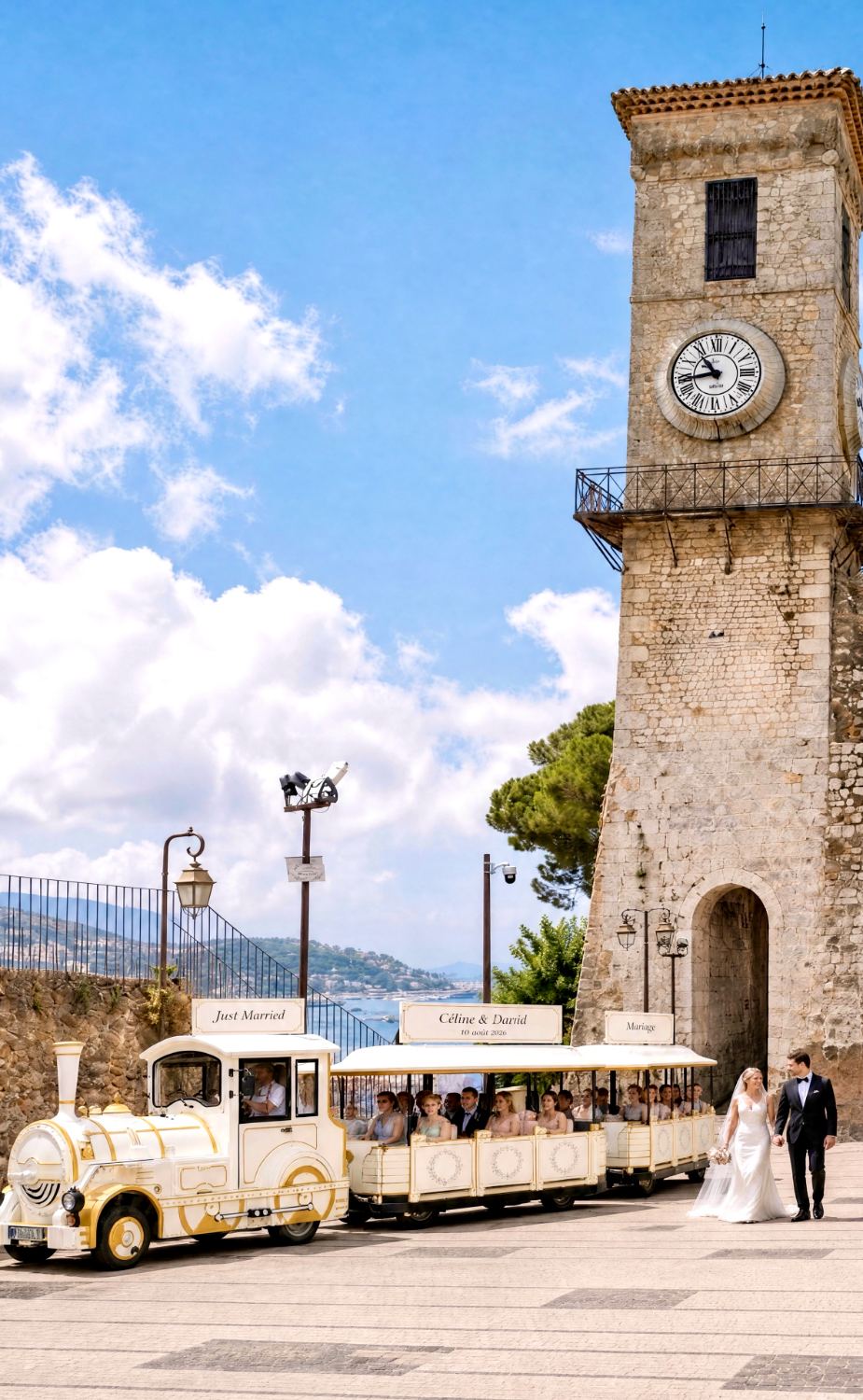 Petit Train de Cannes privatisé pour un mariage, devant la tour du Suquet